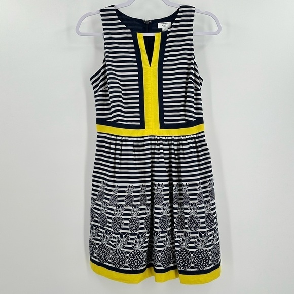 crown & ivy Dresses & Skirts - Crown & Ivy Navy/White Striped Pineapple Print Yellow Trim V Neck Dress Size 4P